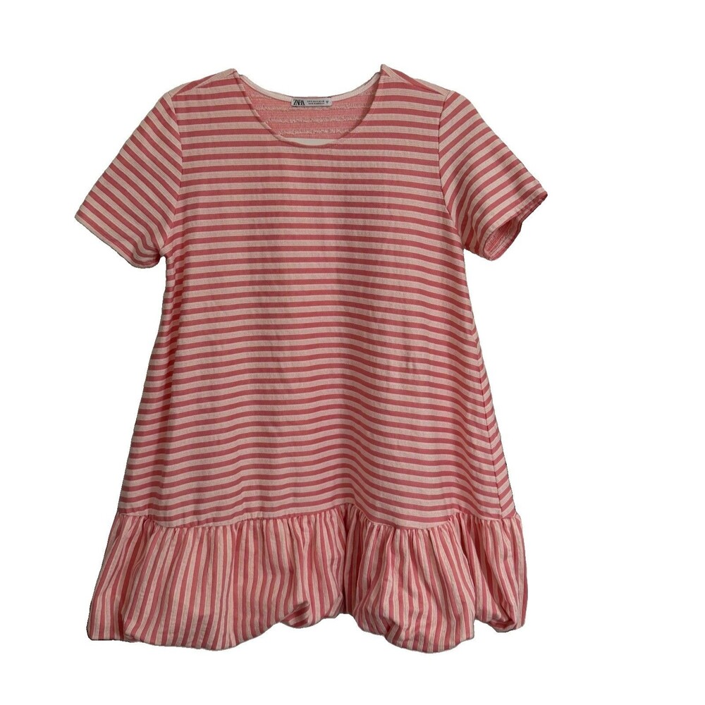 Zara Dress Small Pastel Pink Ivory Striped Flounce Ruffle A-Line Mini Shift Boho